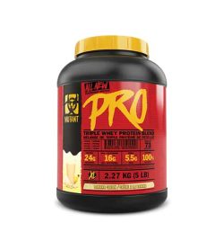 Black and red container with yellow lid of Mutant All New Pro Triple Whey Protein Blend contains 2.27 kg (5 lb)