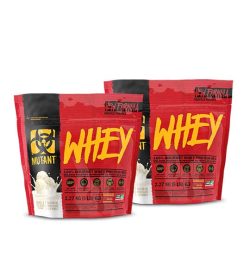 Combo deal 2 red and black pouches with yellow text of Mutant Whey new formula contains 2.27 kg (5 lb) each