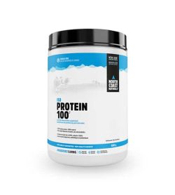 White and blue container with black lid of North Coast Naturals ISO Protein 100 contains 620 g