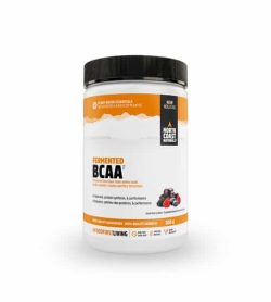 White and yellow container with black cap of North Coast Naturals Fermented BCAA contains 300 g