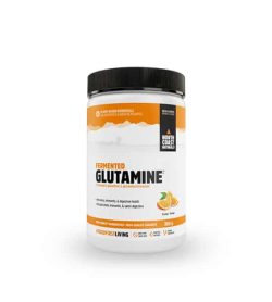 White and orange container with black lid of North Coast Naturals Fermented Glutamine contains 300 g