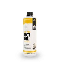 White and yellow container with black cap of North Coast Naturals 100% pure MCT Oil shows broken coconut on the package