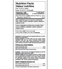 Nutrition facts and ingredients panel of North Coast Naturals Pure MCT Oil for serving size 1 tbsp (15 ml)