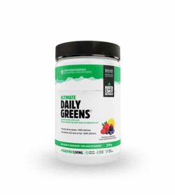 White and green container with black lid of North Coast Naturals Ultimate Daily Greens contains 270 g