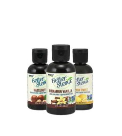 Three black bottle with black cap of Now Better Stevia in Hazelnut, Cinnamon Vanilla and Lemon Twist flavours