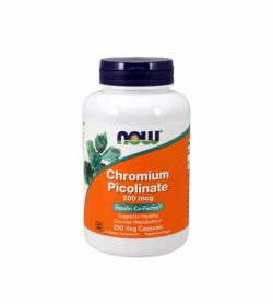 White container with blue cap and orange label of Now Chromium Picolinate 200 mcg Insulin Co-Factor Supports Healthy Glucose Metabolism contains 250 veg capsules