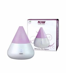 Shiny white and purple Now Solutions Ultrasonic Essential oil diffuser product shown along with the package