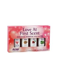 Pink box containing 4 bottle of NowSolutions Love At First Scent romantic essential oils kit