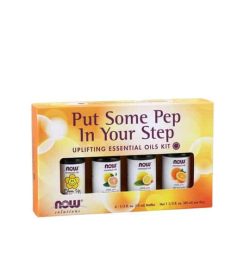 Orange box containing 4 bottle of NowSolutions Put Some Pep In Your Step uplifting essential oils kit