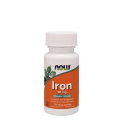 White container with blue cap and orange label of Now Iron 18 mg Essential Mineral contains 120 veg capsules of dietary supplement
