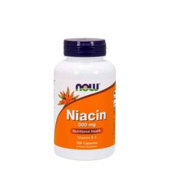 White container with blue cap and orange label of Now Niacin 500 mg Nutritional Health vitamin B-3 contains 100 capsules of dietary supplement