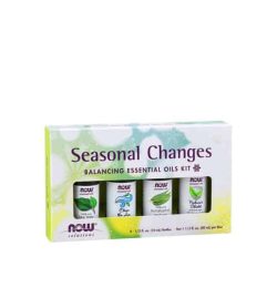 White box containing 4 bottle of NowSolutions Seasonal Changes balancing essential oils kit