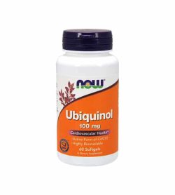 White container with blue cap and orange label of Now Ubiquinol 100 mg Cardiovascular Health Active Form of CoQ10 contains 60 Softgels of dietary supplement