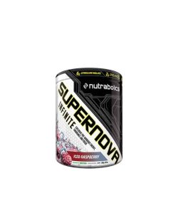 Black and white container of Ntrabolics Supernova Infinite with Iced Raspberry flavour