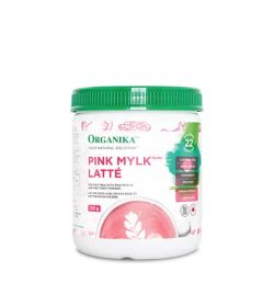 White container with green lid of Organika Pink Mylk Latte containing 110 g shown in white background