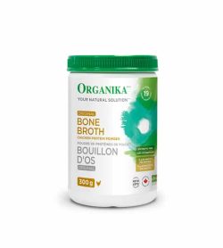 White bottle with green lid of Organika Your Natural Solution Original Bone Broth Chicken Protein Powder contains 300g