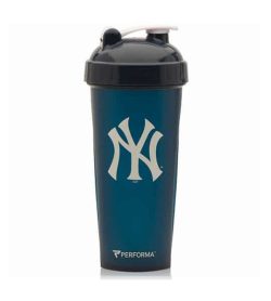 Performa blue shaker with black lid MLB New York Yankees logo in white and showing the cup in white background