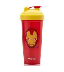 Performa red shaker with yellow lid Marvel Iron Man logo in yellow and showing the cup in white background