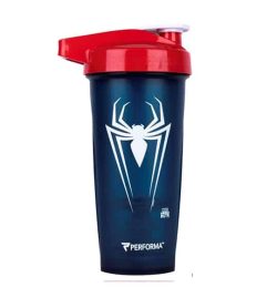 Performa black shaker with red lid Marvel Spider man logo in white and showing the cup in white background