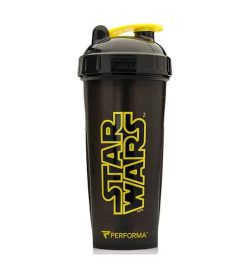 Performa black shaker with black lid Marvel Star Wars logo in yellow and showing the cup in white background