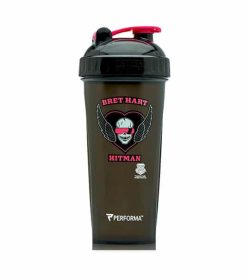 Performa black shaker with black lid WWE variant showing Bret Hart Hitman picture in white and pink