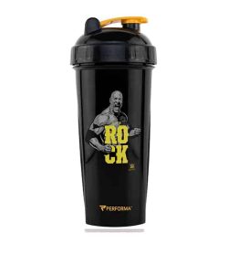 Performa black shaker with black lid WWE variant showing Rock picture in grey and text in yellow