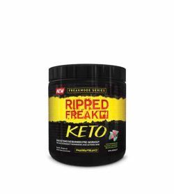 Black container with black lid of Pharmafreek's new Freakmode series Ripped Freak Keto showing bold letters in red and yellow