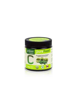 Bottle with black cap and green label of PraninOrganic PureFood C contains 42g which is an excellent source of vitamin C