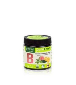 Bottle with black cap and green label of PraninOrganic Pure Food B contains 500g which is excellent source of B-vitamins