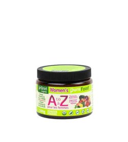 Bottle with black cap and green label of PraninOrganic Women's Pure Food AtoZ powder contains 500g