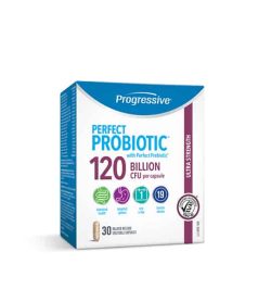 White, blue and purple box of Progressive Perfect Probiotic with Perfect Prebiotic 120 billion CFU per capsule contains 30 veg capsules