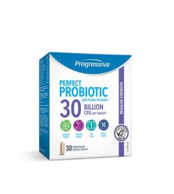 White, blue and purple box of Progressive Perfect Probiotic with Perfect Prebiotic 30 billion CFU per capsule contains 30 veg capsules