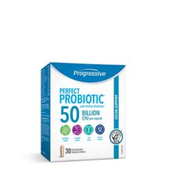 White and blue box of Progressive Perfect Probiotic with Perfect Prebiotic 50 Billion CFU per capsule colon support capsules in a pack containing 30 capsules