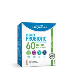 White, blue and green box of Progressive Perfect Probiotic with Perfect Prebiotic 60 billion CFU per capsule contains 30 veg capsules