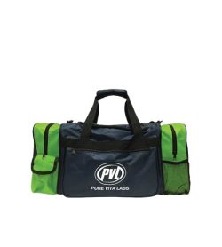 Green and Blue PVL Pure Vita Labs gym bag shown in white background