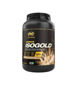 Black container with black cap of PVL ISOGOLD 100% Whey supplement contains 2lb