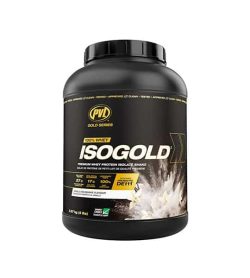Black container with black cap of PVL ISOGOLD 100% Whey supplement contains 5lb (2.27kg)