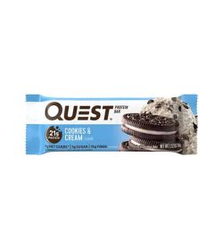Blue pouch of Quest Protein Bar with Cookies & Cream flavour containing 21 g protein
