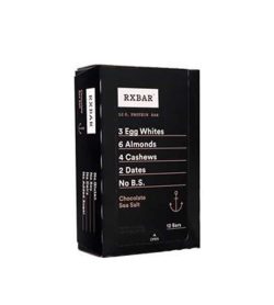 Black box in white background with white text of RXBAR Chocolate Sea Salt containing 12 counts of 12g protein bars