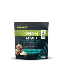 Black pouch with green, blue and yellow accents with white background of Vega Sport Energy Bites contains 100 g