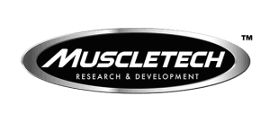 Logo pour la recherche et le développement de Muscletech, police blanche avec bordure chromée sur fond ovale noir - produits disponibles à la vente chez Supplements Direct Canada