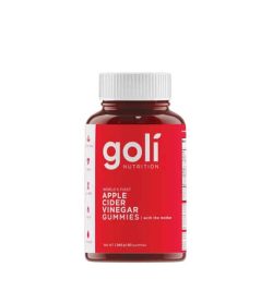 Red plastic bottle of Goli Nutrition apple cider vinegar gummies 60 count red and white label 240 grams with a white lid