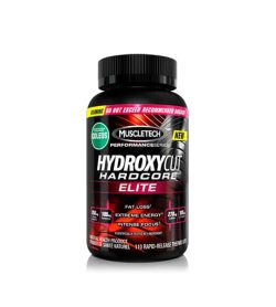 Black bottle of Muscletech Hydroxycut hardcore elite with colorful label new product for Fat loss, extreme energy and intense focus