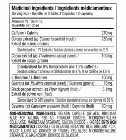 Medicinal Ingredient panel for Muscletech hydroxycut hardcore elite 110 capsules for serving size of 2 capsules