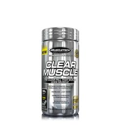 Silver container of Muscletech Clear Muscle The clear pill that builds lean muscle contains patentio BetaTOR exclusive to MuscleTech