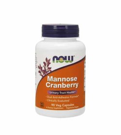 White bottle with purple lid of NOW Manoose Cranberry Urinary Tract Health dietary supplement containing 90 Veg Capsules