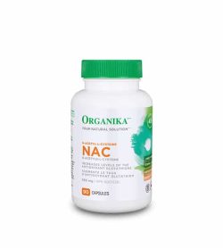 White bottle with green lid of Organika Your Natural Solution NAC N-Acetyle-L-Cysteine with 500mg 90 capsules and increases levels of the antioxidant glutathione