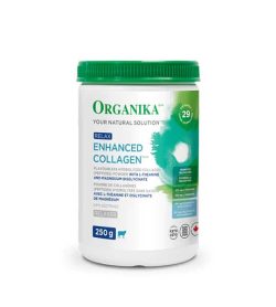250g White bottle with green lid of Organika Your Natural Solution Relax Enhanced Collagen which is flavourless hydrolyzed collagen