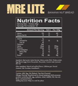 Nutrition facts and ingredients panel for MRE Lite Banana Nut Bread protein for serving size 1 scoop (29g)