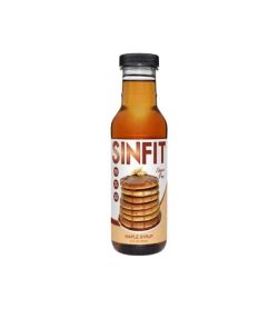 Glass bottle of Sinfit maple syrup with picture of pancakes on it contains 12 fl oz (355ml)